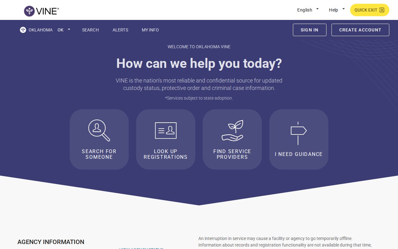 Oklahoma VINE landing page for an Osage County VINELink release check